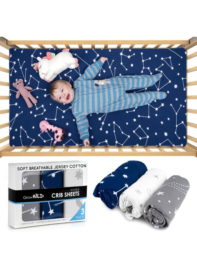 GrowWILD GROW WILD Crib Sheets for Boys or Girls | 3 Pack Soft Stretchy Jersey Cotton Fitted Crib Sheet Neutral | Grey White Navy Blue Baby Crib Sheets for Girl, Crib Mattress Sheet or Toddler Bed Sheets - Image 3