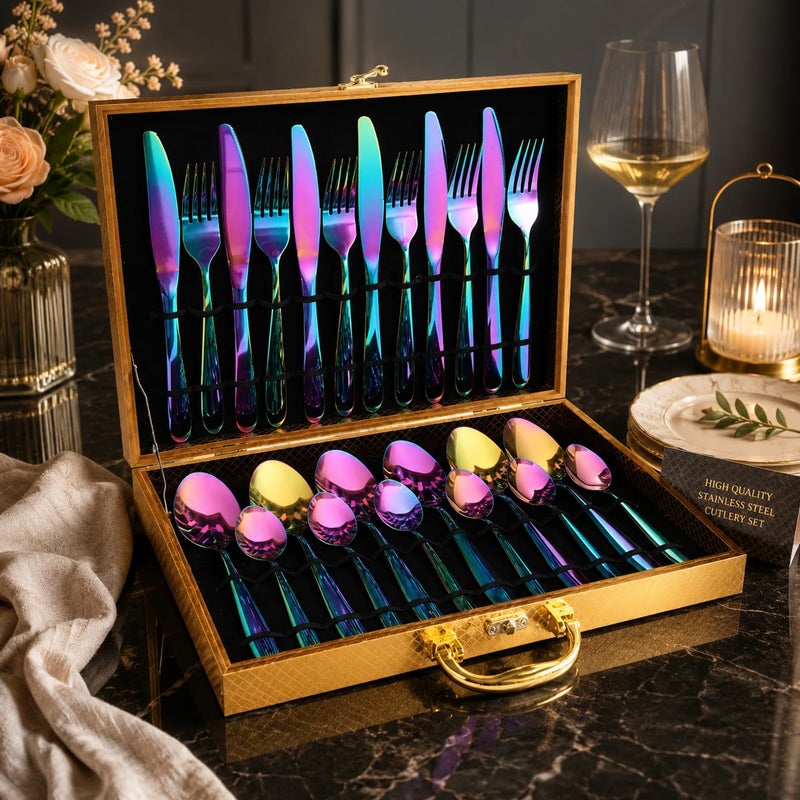 24-Piece Rainbow Stainless Steel Flatware Set with Luxury Storage Case, Mirror Polish Cutlery Set for 6, Reusable Dinnerware Includes Knives, Forks, Spoons & Teaspoons, Dishwasher Safe