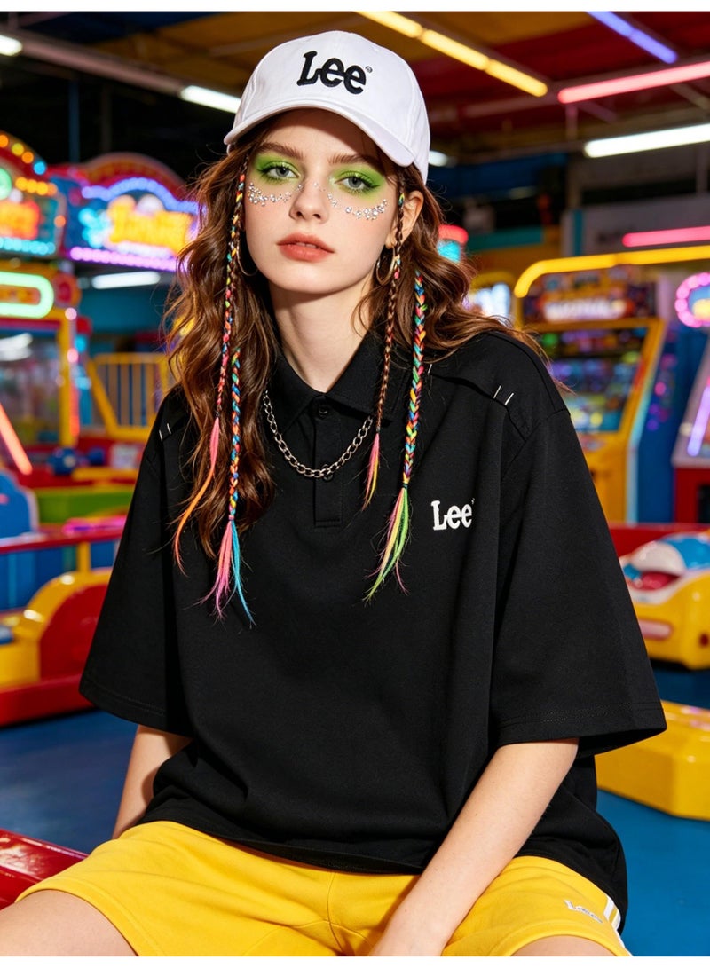 Lee shoulder pressure line Polo shirt for men and women in summer loose heavy cotton lapel short sleeve couple casual shirt. - Image 2