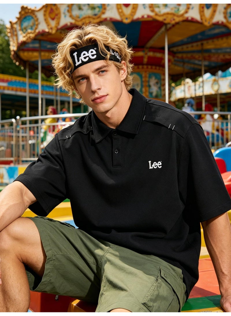 Lee shoulder pressure line Polo shirt for men and women in summer loose heavy cotton lapel short sleeve couple casual shirt. - Image 1