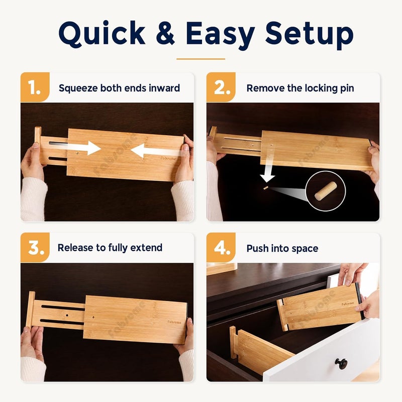 Fabsome Dresser Drawer Organizers 6 Pack, 4.65'' High Adjustable from 12.5-17‘’ Bamboo Drawer Dividers for Clothing Baby Clothes, Wooden Separators for Dresser Nursery Organization with Soft Foam  Ends - Image 4