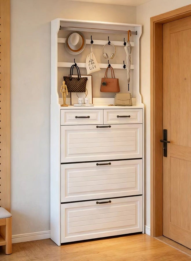 JCB CHIC White Multi-functional Entryway Shoe Cabinet with Flip-down Shoe Rack, Top Coat Hooks and Multiple Drawers for Small Space Organization,All-in-One Narrow Entryway Organizer for Coats, Shoes and Accessories - Image 1