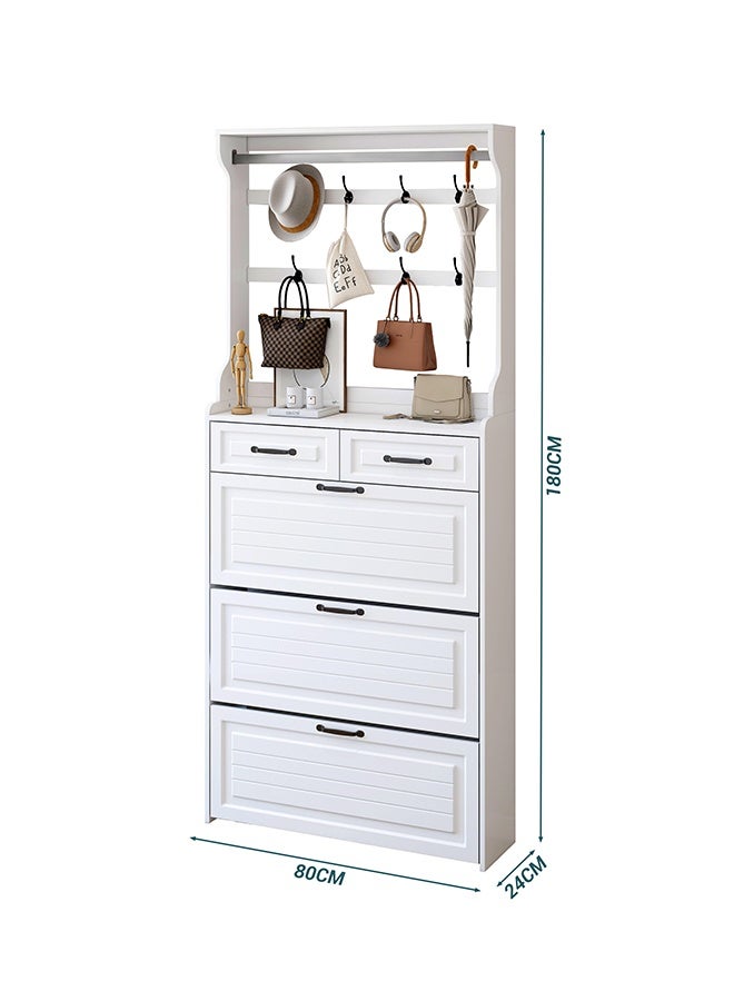 JCB CHIC White Multi-functional Entryway Shoe Cabinet with Flip-down Shoe Rack, Top Coat Hooks and Multiple Drawers for Small Space Organization,All-in-One Narrow Entryway Organizer for Coats, Shoes and Accessories - Image 2