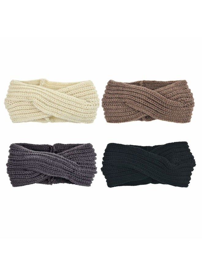 DRESHOW Winter Knit Chunky Headbands for Women Crochet Turban Knitted Ear Warmer Head Wrap Winter Accessories 4 Pack, 4 Pack Cross A: Beige, Darkgrey, Brown, Black, 4 Count (Pack of 1) - Image 1