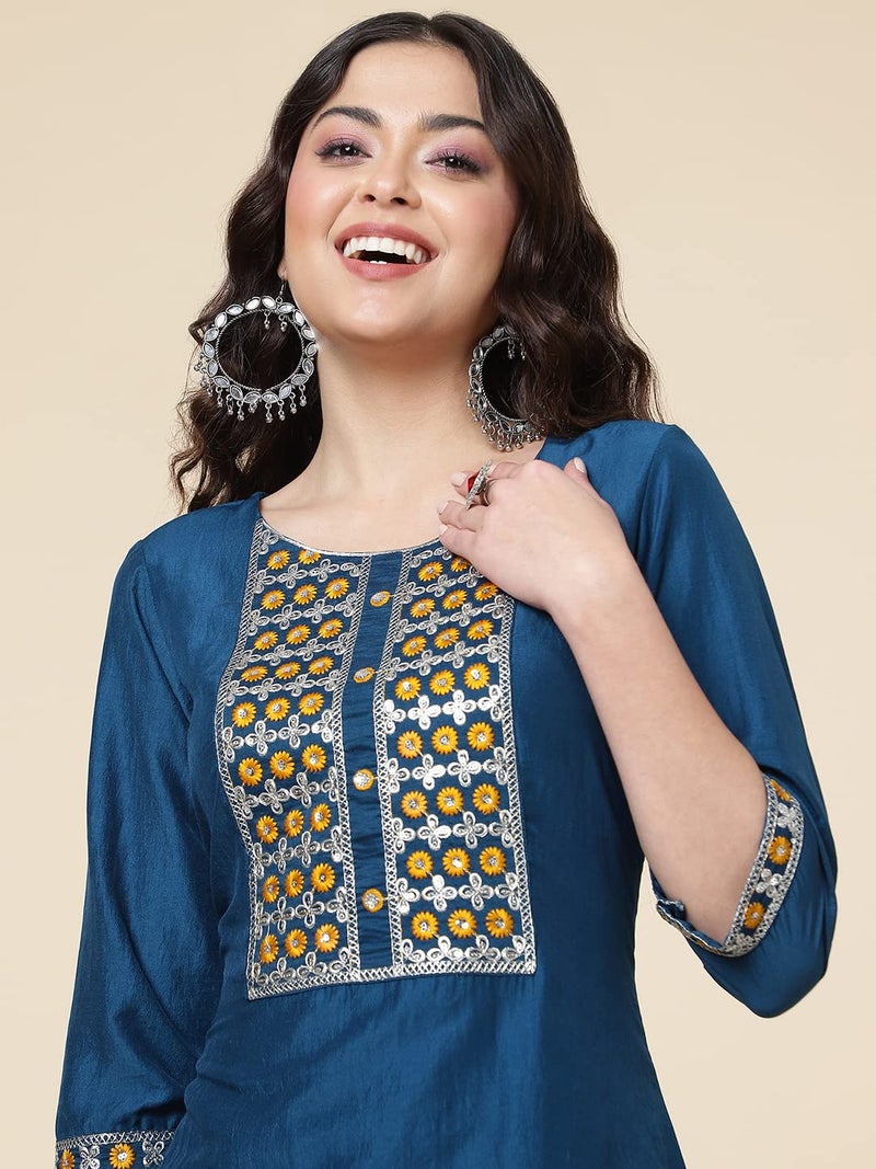 Shiv Textiles Digital Printed Round Neck Polyester Straight Kurta Set with Pent Duppata for Womens (224-Blue-XXL) - Image 2