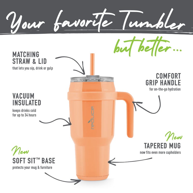 REDUCE 40 oz Stainless Steel Tumbler with Handle - Dual-Wall Vacuum Insulated Travel Mug  Sweat-Proof Lid & Reusable Straw - Keeps Drinks Cold for 24 Hrs  Fits Cupholders  Dishwasher Safe - Papaya - Image 3