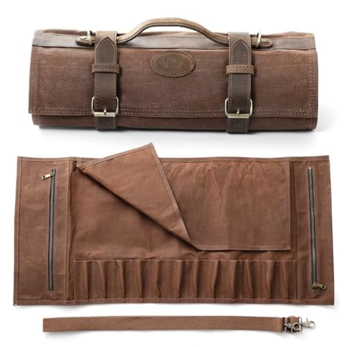 XINZUO Chef Knife Roll Bag-Professional Chef Knife Case-16oz Waxed Canvas and Crazy Horse Leather -With 12 Slots Plus 2 Zipper Pockets to Hold Kitchen Cooking Tools-Travel Tool Roll Pouch(Bag Only) - Image 1