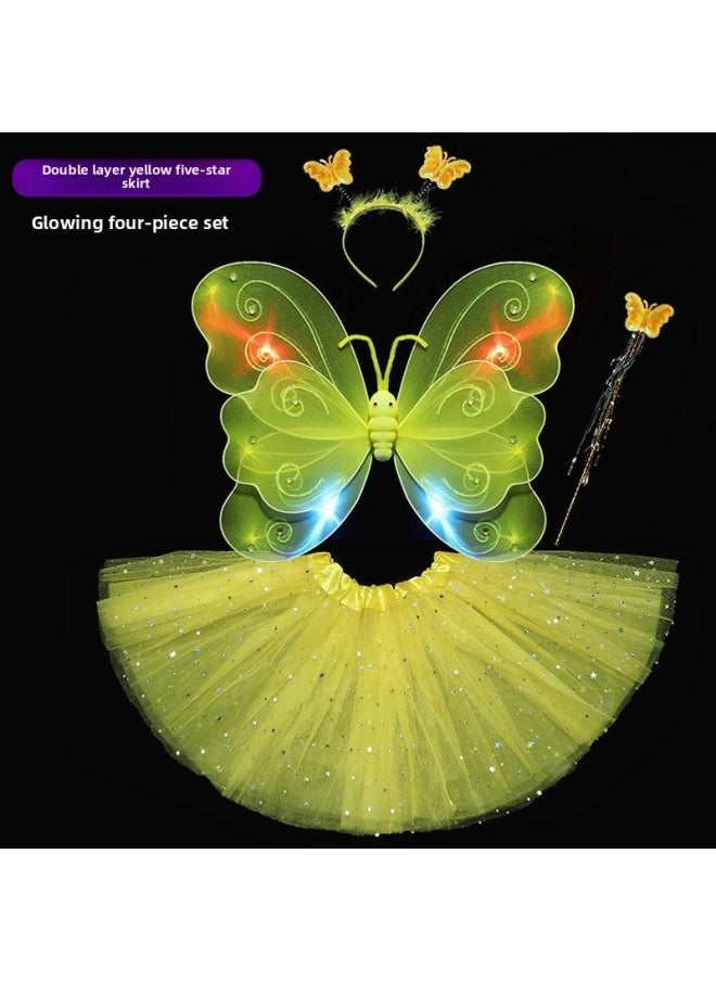 Generic - Children's Day Little Girl Baby Back Headwear Luminous Light Butterfly Wings Skirt Fantastic Fairy Table Performance Costume-Color:Yellow Light Butterfly + Light Skirt - Image 1