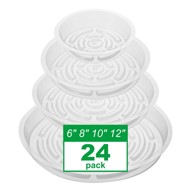 CATIFLIN 24 Pack Clear Plant Saucers - 6, 8, 10, 12 Inch Plastic Plant Trays for Pots, Flower Pot Saucers, Indoor & Outdoor Planter Drip Tray for Water Drainage & Protection - Image 1