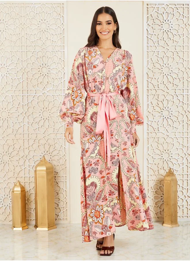 Styli Floral Print A-Line Maxi Dress with Self Tie Up