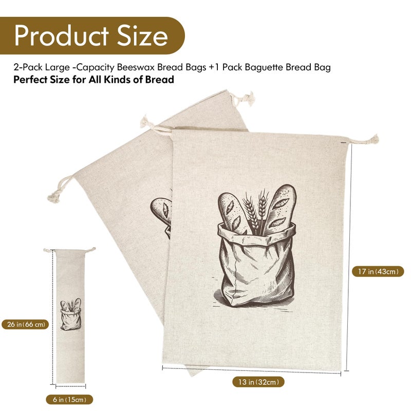 SRRUI Reusable Bread Bags for Homemade Breadï¼ŒNatural BeesWax & Linen Cottonï¼ŒLarge Capacity and Portable,Bread Keeper for Sourdoughï¼ŒFood/Bread Storage,with Free Baguette Bag - Image 2