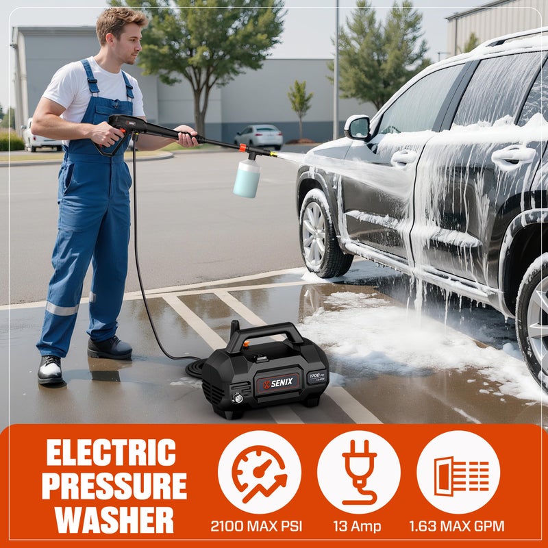 SENIX 13 Amp Electric Pressure Washer - 1700 PSI, 1.2 GPM, Compact with Foam Cannon, Spray Gun, 20-ft Hose, Turbo Nozzle, and 15Â° Spray Nozzles - Perfect for Cars and Driveways - Image 2