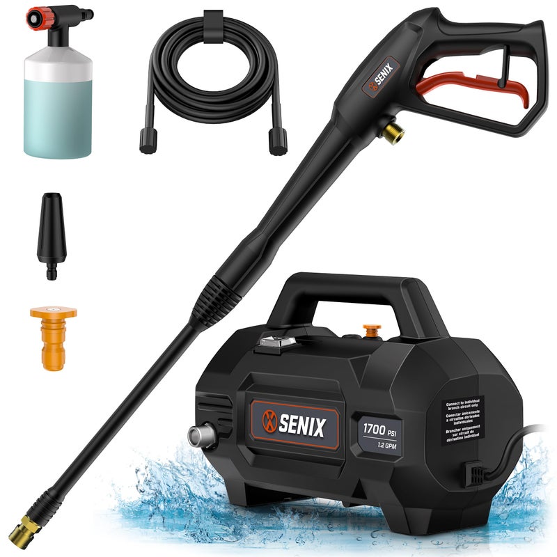 SENIX 13 Amp Electric Pressure Washer - 1700 PSI, 1.2 GPM, Compact with Foam Cannon, Spray Gun, 20-ft Hose, Turbo Nozzle, and 15Â° Spray Nozzles - Perfect for Cars and Driveways - Image 1