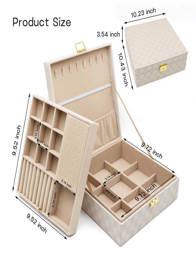 Euedue Jewelry Organizer Box, Jewelry Box Organizers for Women Girls, Jewellery Display Holder, 2 Layers Large Leather Jewels Storage Case for Earring, Rings, Necklaces, Bracelets, Watch, Ideal Gift (Beige) - Image 2