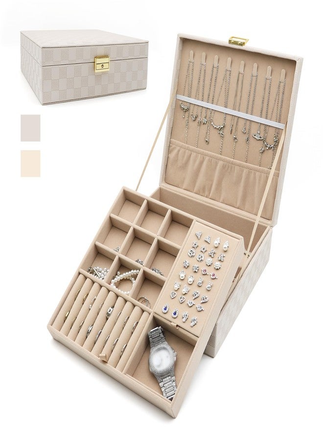 Euedue Jewelry Organizer Box, Jewelry Box Organizers for Women Girls, Jewellery Display Holder, 2 Layers Large Leather Jewels Storage Case for Earring, Rings, Necklaces, Bracelets, Watch, Ideal Gift (Beige) - Image 1