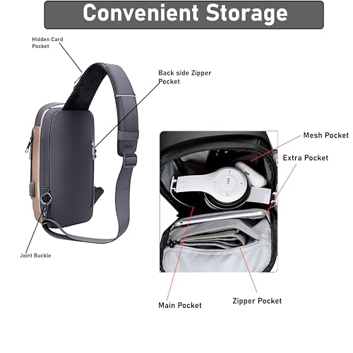 DAHSHA Sling Bag for Men Stylish Crossbody Backpack for Men & Women, Anti-Theft Chest Bag with USB Charging Port, Messenger Bags, Casual Shoulder Bag (Grey Brown - 17 x 9 x 32 Cm) - Image 3