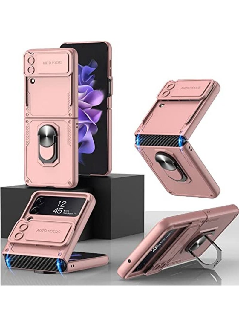 جولدن ماسك جراب لسامسونج جالاكسي Z فليب 4 غطاء عدسة منزلق مع حلقة - (بينك)