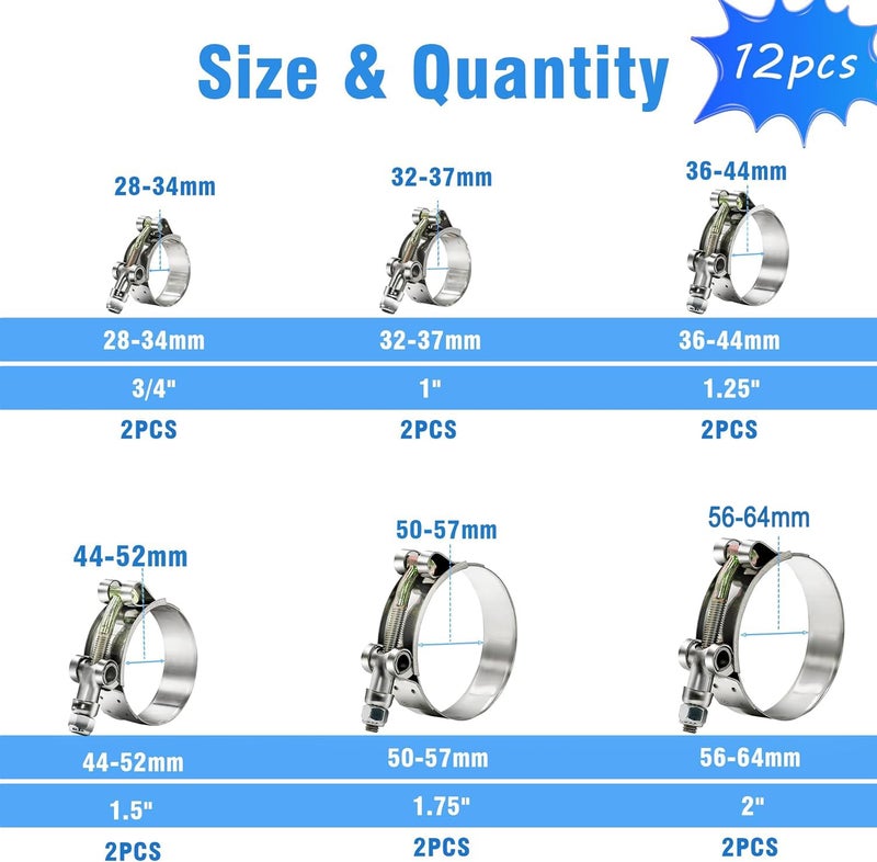 PEROMI 12Pcs Hose Clamp Set  Peromi T-Bolt Radiator Heavy Duty Hose Clamps 6 Size 3/4"" 1"" 1.25"" 1.5"" 1.75"" 2"" Working Range 28-64Mm  304 Stainless Steel Turbo Intake Soft Hose Intercooler Clamps - Image 2