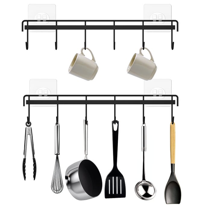 KITCHEN UTENSIL HANGER ADHESIVE UTENSIL HOLDER WALL MOUNT KITCHEN RACK RAIL WITH 12 HOOKS SPACE SAVING AND NO DRILLING BLACK 2 PCS