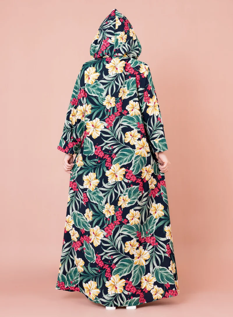 IKKXA Floral Printed Hoodie Jalabiya IK1030 Black