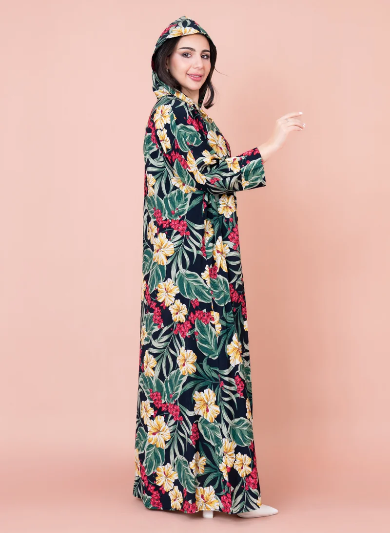 IKKXA Floral Printed Hoodie Jalabiya IK1030 Black