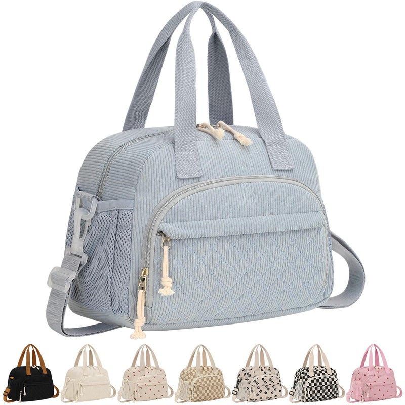 ELONGRIVER Corduroy Insulated Lunch Bag for Women Teen Girls, Portable Adult Lunch Box, Reusable Tote Cooler Bags, Lightweight Womens Lunch Bags with Front Pockets for Work Picnic Travel, Light Blue - Image 1