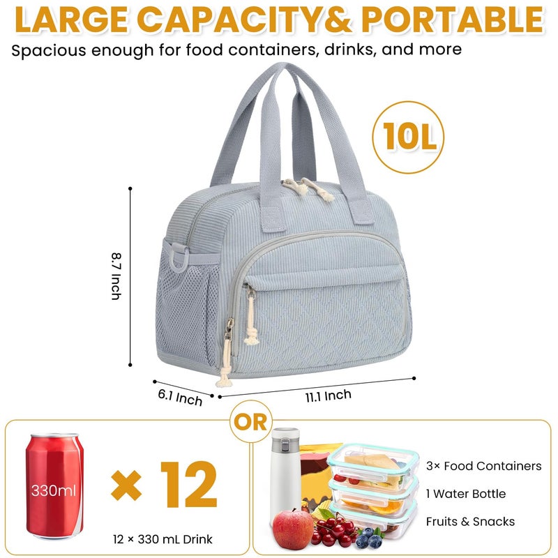 ELONGRIVER Corduroy Insulated Lunch Bag for Women Teen Girls, Portable Adult Lunch Box, Reusable Tote Cooler Bags, Lightweight Womens Lunch Bags with Front Pockets for Work Picnic Travel, Light Blue - Image 3