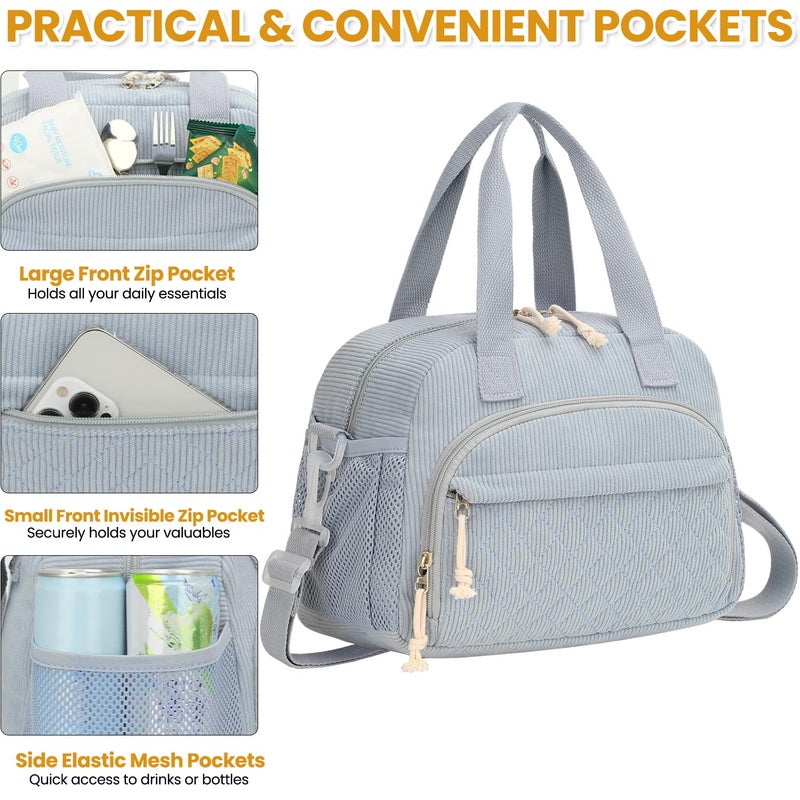 ELONGRIVER Corduroy Insulated Lunch Bag for Women Teen Girls, Portable Adult Lunch Box, Reusable Tote Cooler Bags, Lightweight Womens Lunch Bags with Front Pockets for Work Picnic Travel, Light Blue - Image 5