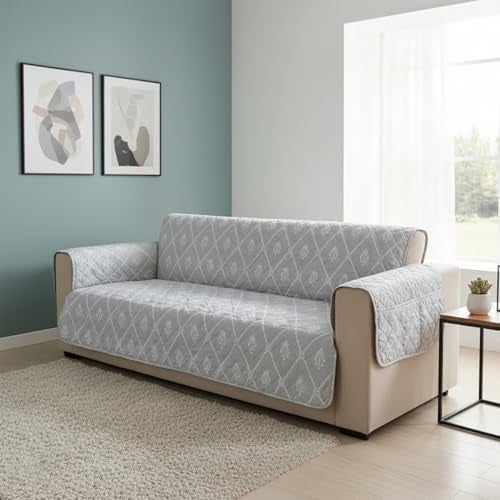 House of Quirk 'Mughal Series' Anti-Slip Sofa Cover Mat with Pocket | Polyester Couch Protector for Pets, Kids & Spills (Grey Canvas, 180x170cm, Three Seater) - Image 1