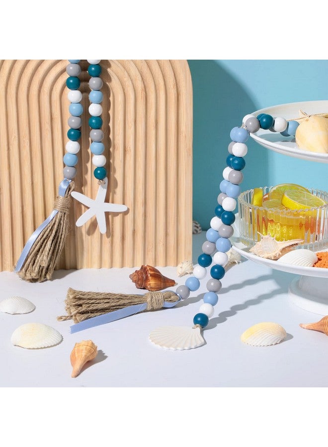 Janinka Seashell Wood Bead Garland 2 Pieces Farmhouse Beads Garland with Tassels Decorative Beads Home Decor Nautical Farmhouse Tiered Tray Decorations Set Coastal Garland for Home Kitchen Decor - Image 2
