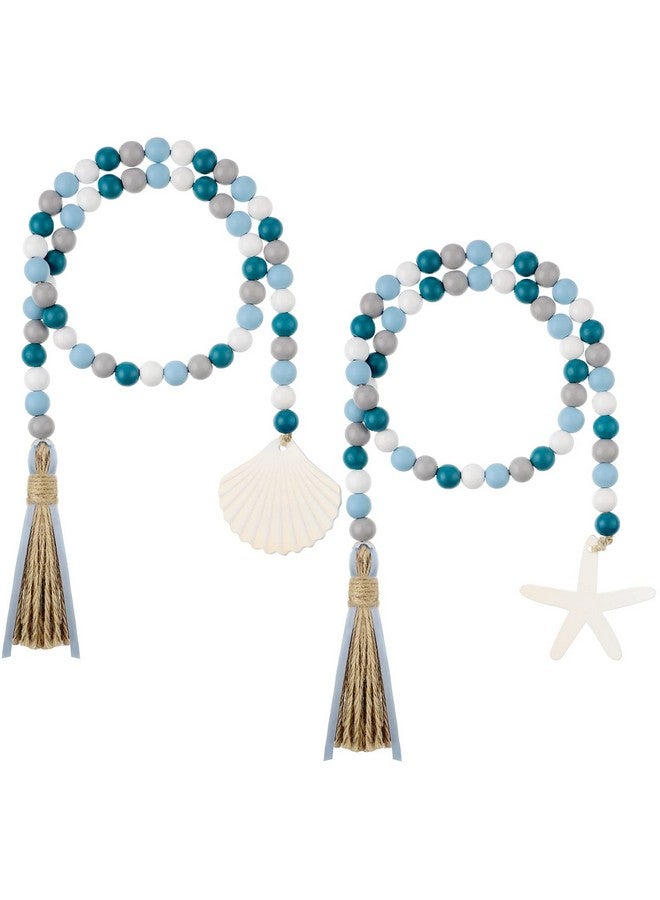 Janinka Seashell Wood Bead Garland 2 Pieces Farmhouse Beads Garland with Tassels Decorative Beads Home Decor Nautical Farmhouse Tiered Tray Decorations Set Coastal Garland for Home Kitchen Decor - Image 1