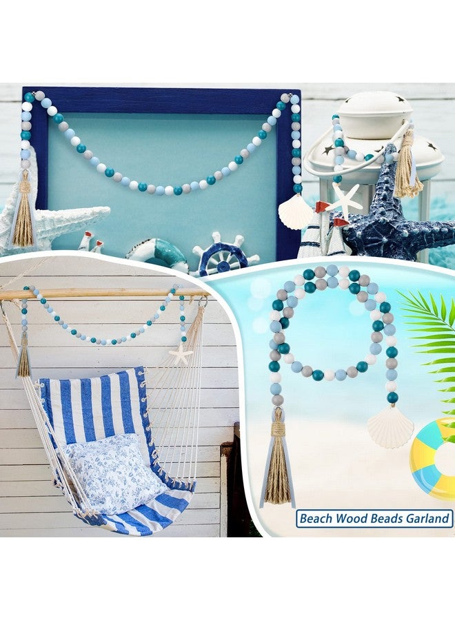 Janinka Seashell Wood Bead Garland 2 Pieces Farmhouse Beads Garland with Tassels Decorative Beads Home Decor Nautical Farmhouse Tiered Tray Decorations Set Coastal Garland for Home Kitchen Decor - Image 4