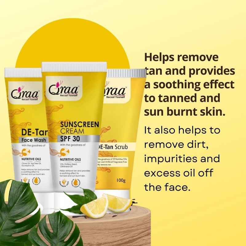 Qraa De -Tan Combo Pack | Helps In Tan Removal & Dirt | Improves Pigmentation & Uneven Skin Tone | Scrub Face Wash & Sunscreen Cream SPF 30 100gm | Pack of 3 - Image 2