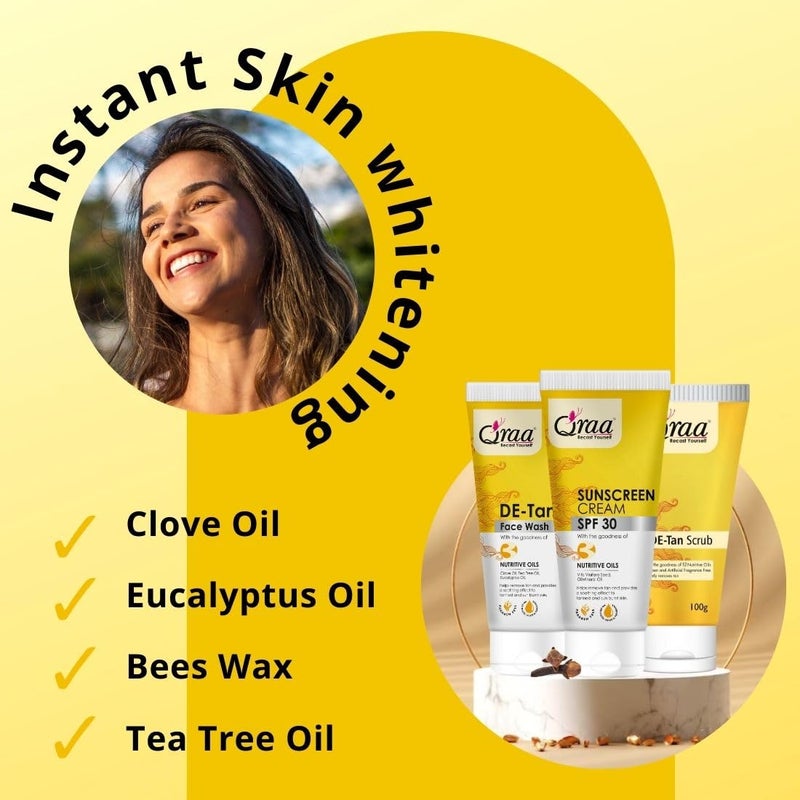 Qraa De -Tan Combo Pack | Helps In Tan Removal & Dirt | Improves Pigmentation & Uneven Skin Tone | Scrub Face Wash & Sunscreen Cream SPF 30 100gm | Pack of 3 - Image 4