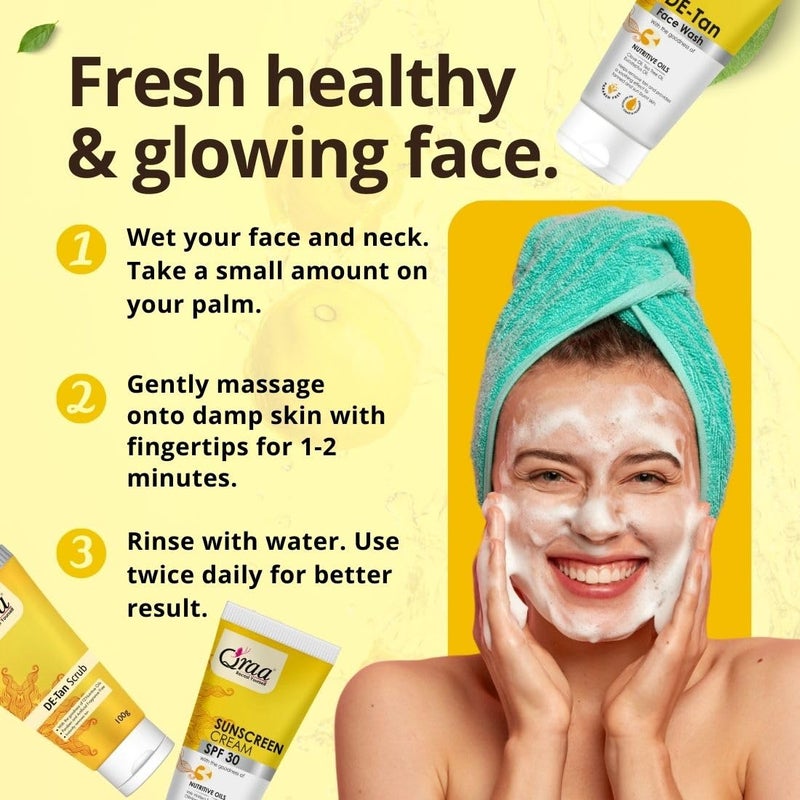 Qraa De -Tan Combo Pack | Helps In Tan Removal & Dirt | Improves Pigmentation & Uneven Skin Tone | Scrub Face Wash & Sunscreen Cream SPF 30 100gm | Pack of 3 - Image 3