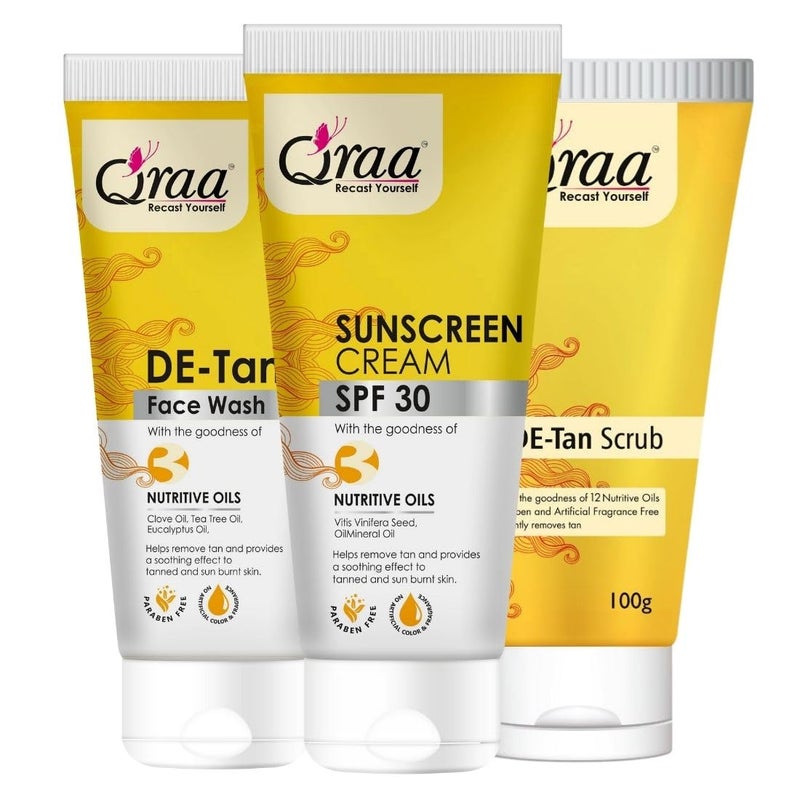 Qraa De -Tan Combo Pack | Helps In Tan Removal & Dirt | Improves Pigmentation & Uneven Skin Tone | Scrub Face Wash & Sunscreen Cream SPF 30 100gm | Pack of 3 - Image 1