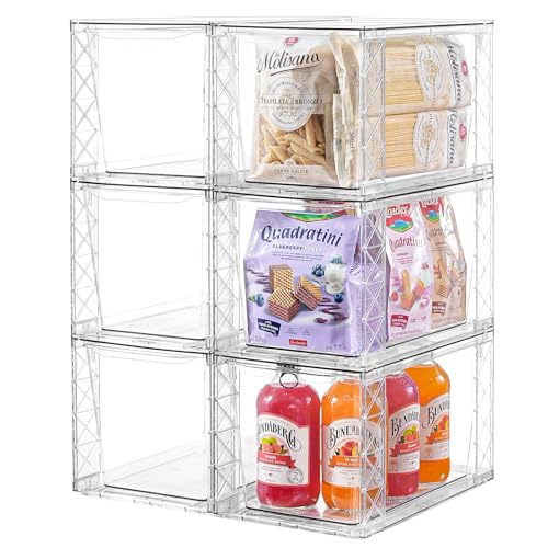 Clemate 6Pack Stackable Kitchen Storage Organizer, Pantry Organizers and Storage, Clear Foods Organizer Bins with Handles, Easily Assemble for Bathroom, Kitchen, Pantry, Cabinet, Closet - Image 1