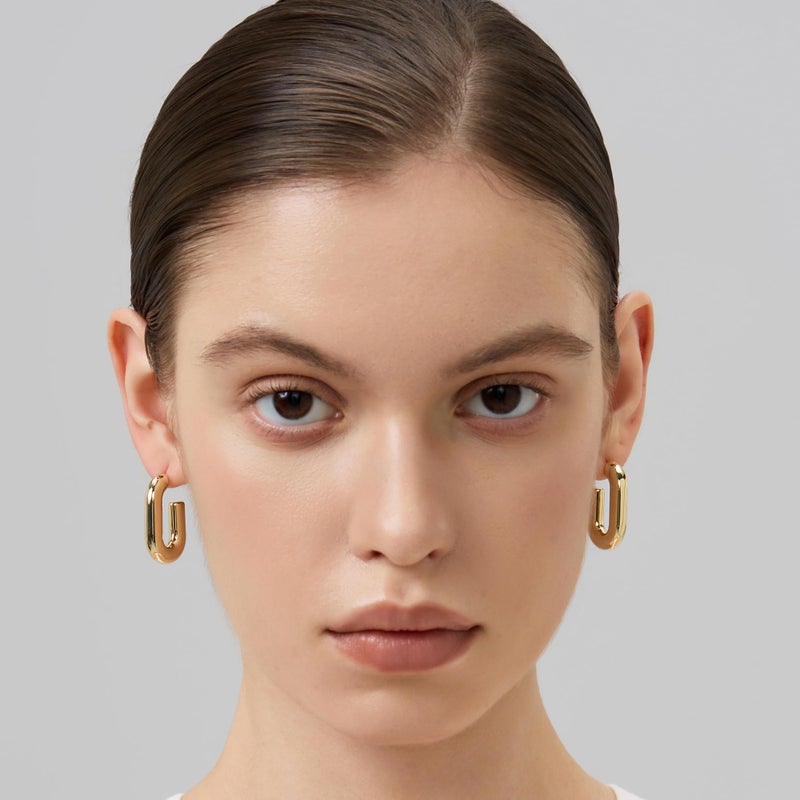 FRUMOS Chunky Gold U-Shaped Hoop Earrings for Women, 18K Gold Plated Open Rectangle Hoops, Lightweight Bold Minimalist Earrings for Everyday Wear - Image 3