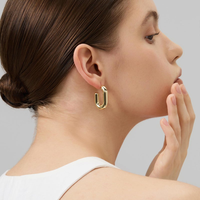 FRUMOS Chunky Gold U-Shaped Hoop Earrings for Women, 18K Gold Plated Open Rectangle Hoops, Lightweight Bold Minimalist Earrings for Everyday Wear - Image 2