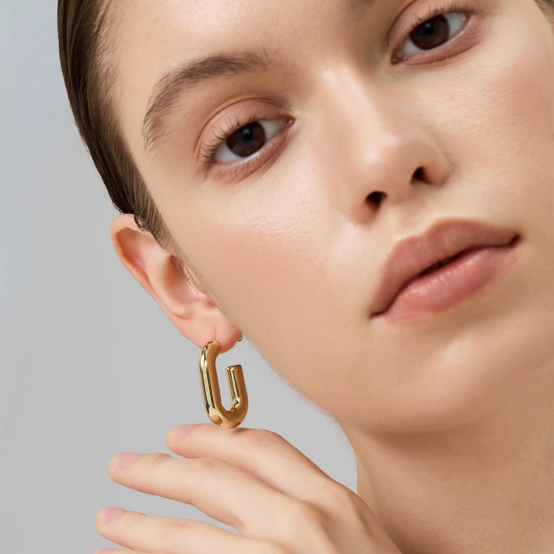 FRUMOS Chunky Gold U-Shaped Hoop Earrings for Women, 18K Gold Plated Open Rectangle Hoops, Lightweight Bold Minimalist Earrings for Everyday Wear - Image 5