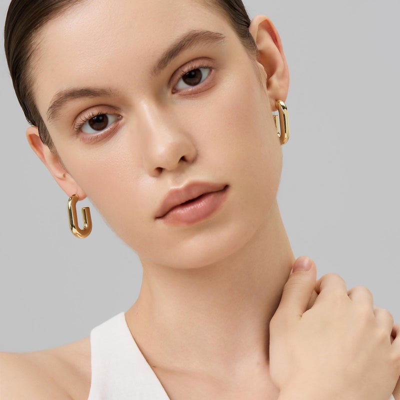 FRUMOS Chunky Gold U-Shaped Hoop Earrings for Women, 18K Gold Plated Open Rectangle Hoops, Lightweight Bold Minimalist Earrings for Everyday Wear - Image 4