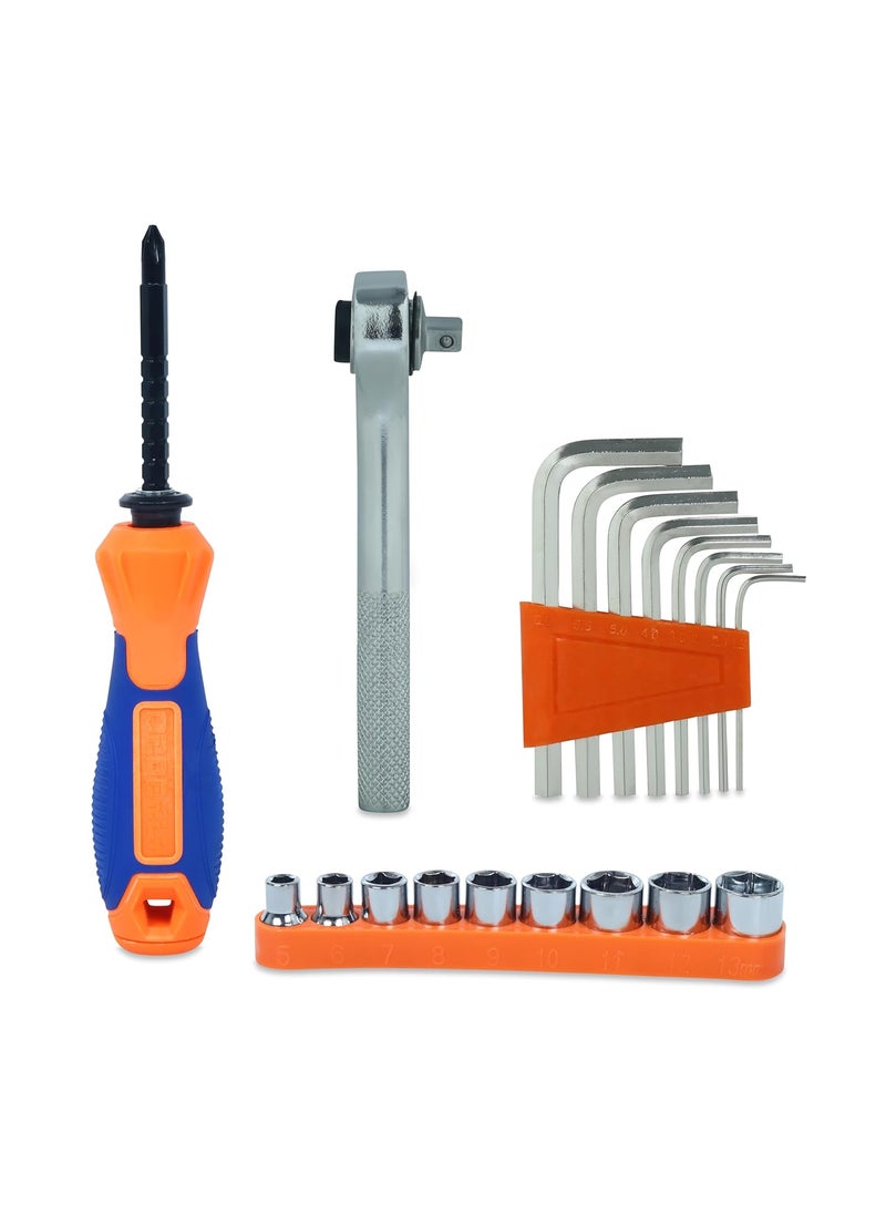 GLUN GLUN Multipurpose Tool Kit with Set of 8in1 Allen Key MultiPurpose Magnetic Screwdriver and 14 Sockets 9in1 Set with Ratchet Perfect for Home Office and Personal Use  - Image 1