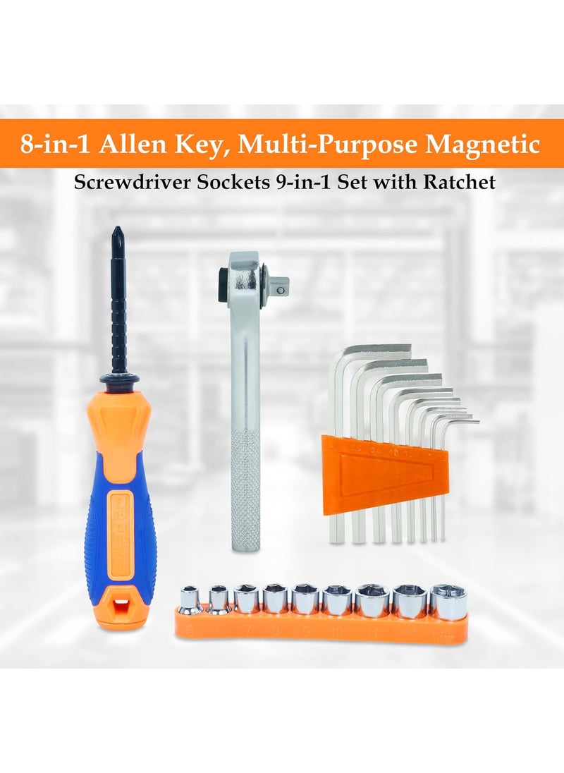 GLUN GLUN Multipurpose Tool Kit with Set of 8in1 Allen Key MultiPurpose Magnetic Screwdriver and 14 Sockets 9in1 Set with Ratchet Perfect for Home Office and Personal Use  - Image 5