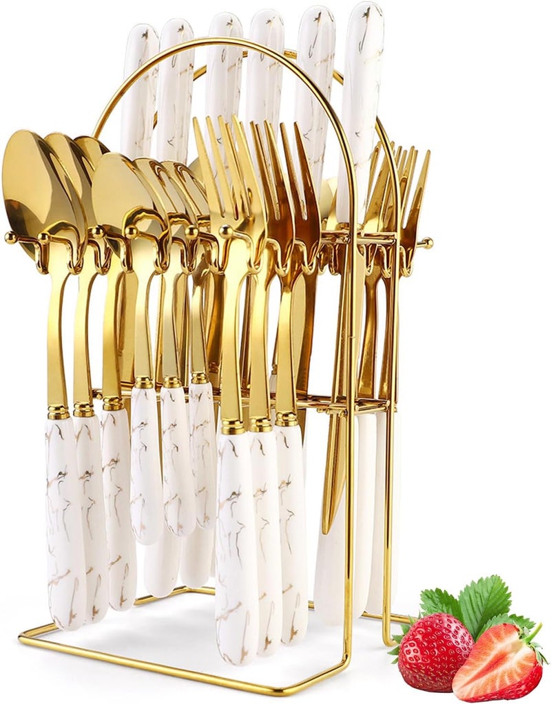 Caliamary Gold Silverware Set Caliamary 24 Pieces Flatware Set with Silverware Holder Stainless Steel Knives Forks Spoons Cutlery Set Service for 6 Kitchen Utensil Tableware Set with Pink Handle White - Image 1