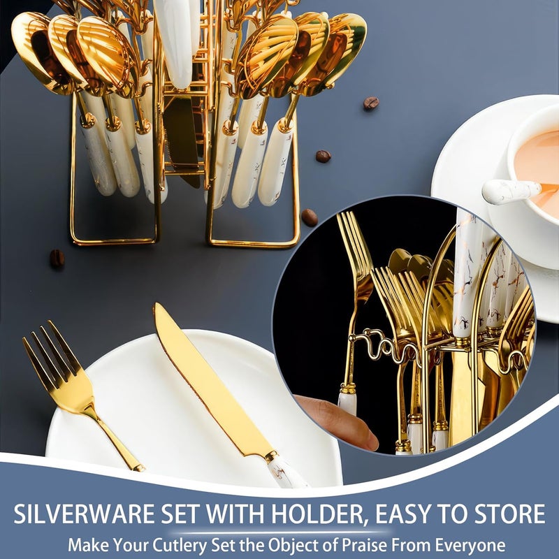 Caliamary Gold Silverware Set Caliamary 24 Pieces Flatware Set with Silverware Holder Stainless Steel Knives Forks Spoons Cutlery Set Service for 6 Kitchen Utensil Tableware Set with Pink Handle White - Image 4