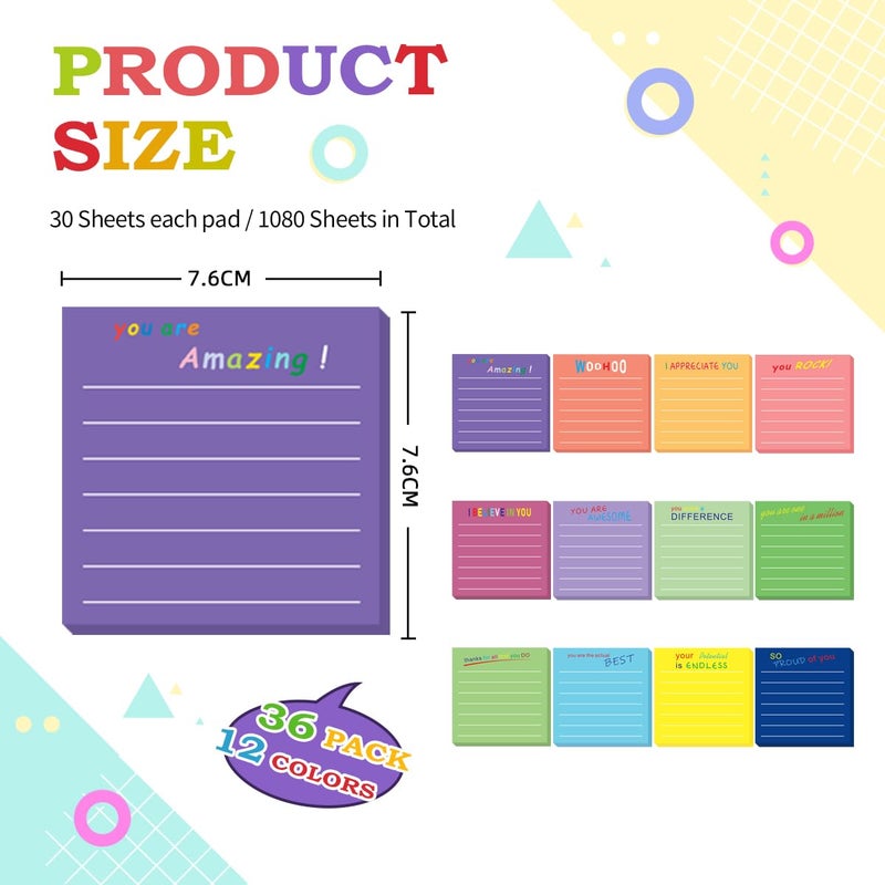 BHHQHH 36 Pcs Employee Appreciation Sticky Notes Inspirational Sticky Notes with Lines Cute Motivational Post Notes Gifts for Coworkers Nurse Office Supplies(3 x 3) - Image 2