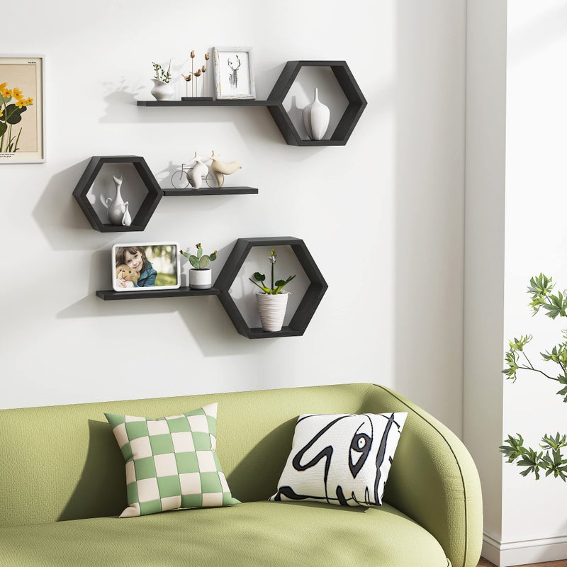 LUDORU Wooden Hexagon Floating Shelves Wall Mounted - Set of 6 Pine Wood Hexagon Shelves Display for Photos,Plants,Rustic Honeycomb Shelves for Living Room, Bedroom,Bathroom, Kitchen, Office Decor, Black. - Image 3