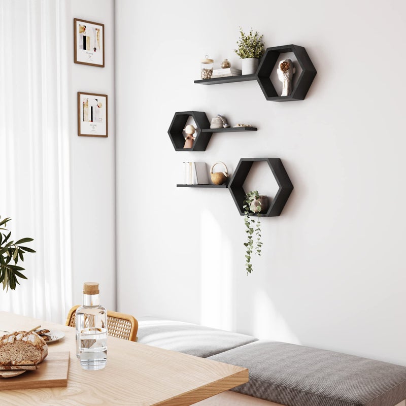 LUDORU Wooden Hexagon Floating Shelves Wall Mounted - Set of 6 Pine Wood Hexagon Shelves Display for Photos,Plants,Rustic Honeycomb Shelves for Living Room, Bedroom,Bathroom, Kitchen, Office Decor, Black. - Image 5
