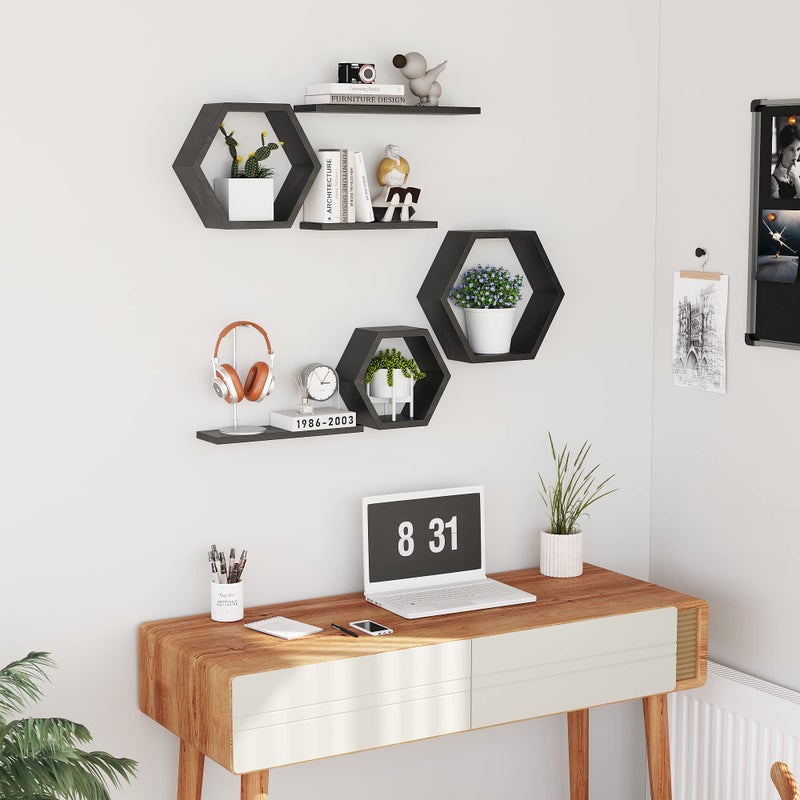 LUDORU Wooden Hexagon Floating Shelves Wall Mounted - Set of 6 Pine Wood Hexagon Shelves Display for Photos,Plants,Rustic Honeycomb Shelves for Living Room, Bedroom,Bathroom, Kitchen, Office Decor, Black. - Image 4