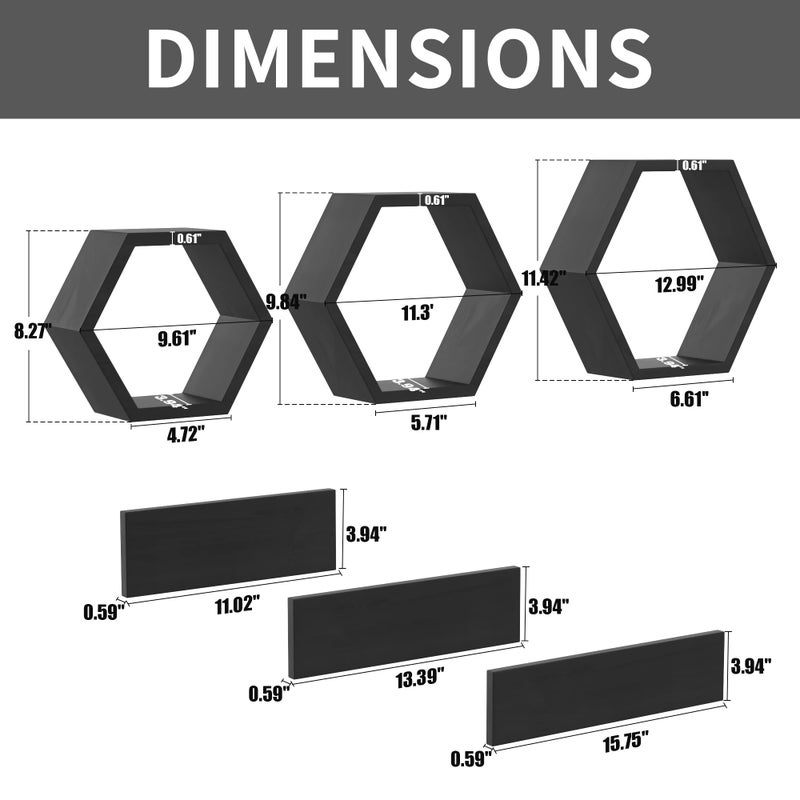 LUDORU Wooden Hexagon Floating Shelves Wall Mounted - Set of 6 Pine Wood Hexagon Shelves Display for Photos,Plants,Rustic Honeycomb Shelves for Living Room, Bedroom,Bathroom, Kitchen, Office Decor, Black. - Image 2